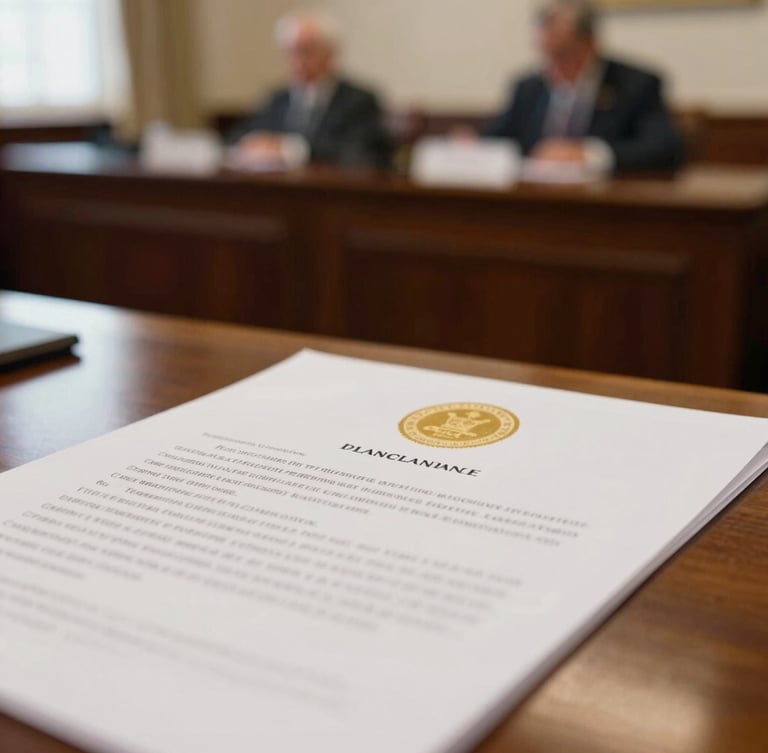 A close-up of a printed legislative document with a gold seal on a dark wood desk, warm interior lighting, soft depth of field.