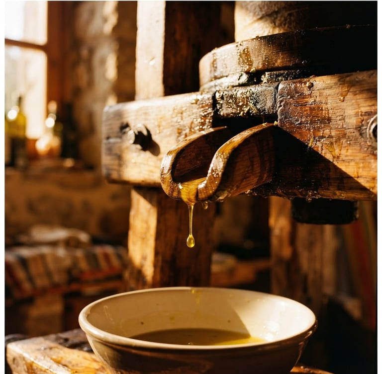 Close-up macro shot of rich golden oil slowly dripping from a traditional wooden press, warm direct golden-hour sunlight, high-contrast shadows, 35mm film style