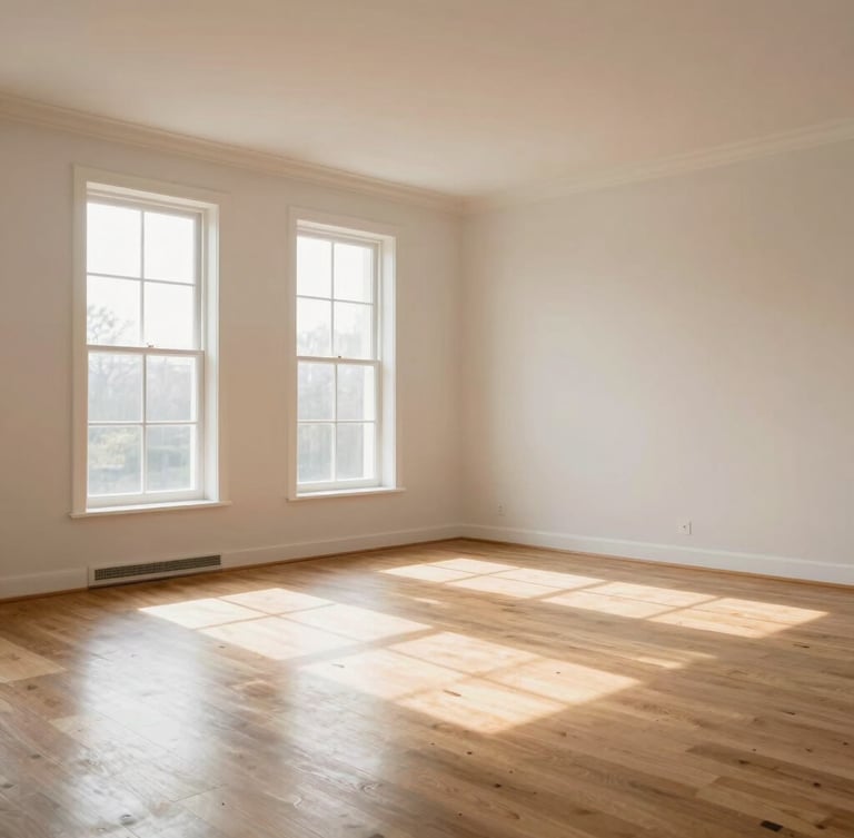 A spacious, sunlit living room completely emptied and swept clean, soft daylight streaming through tall windows onto a pristine wooden floor, clean lines, serene atmosphere.