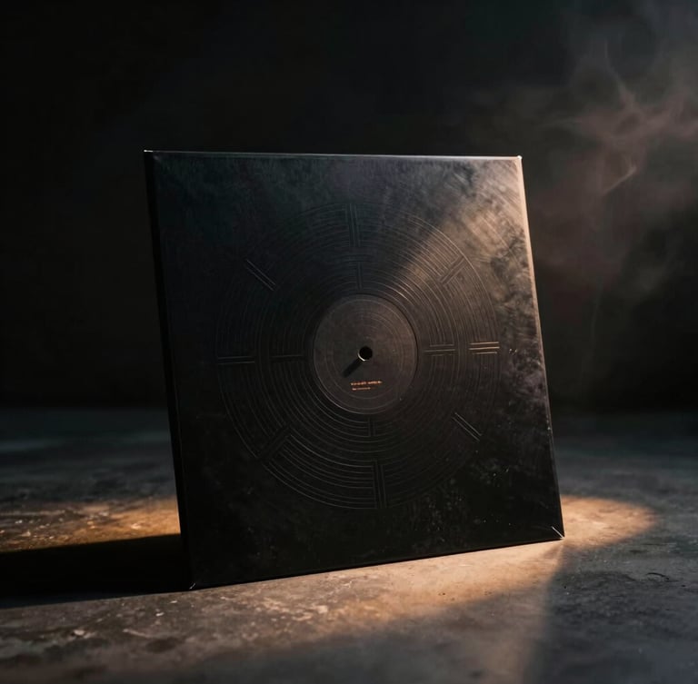 Minimalist black vinyl record sleeve with a debossed circular geometric pattern, casting sharp shadows on a dark concrete surface, single amber light source, smoky atmosphere.
