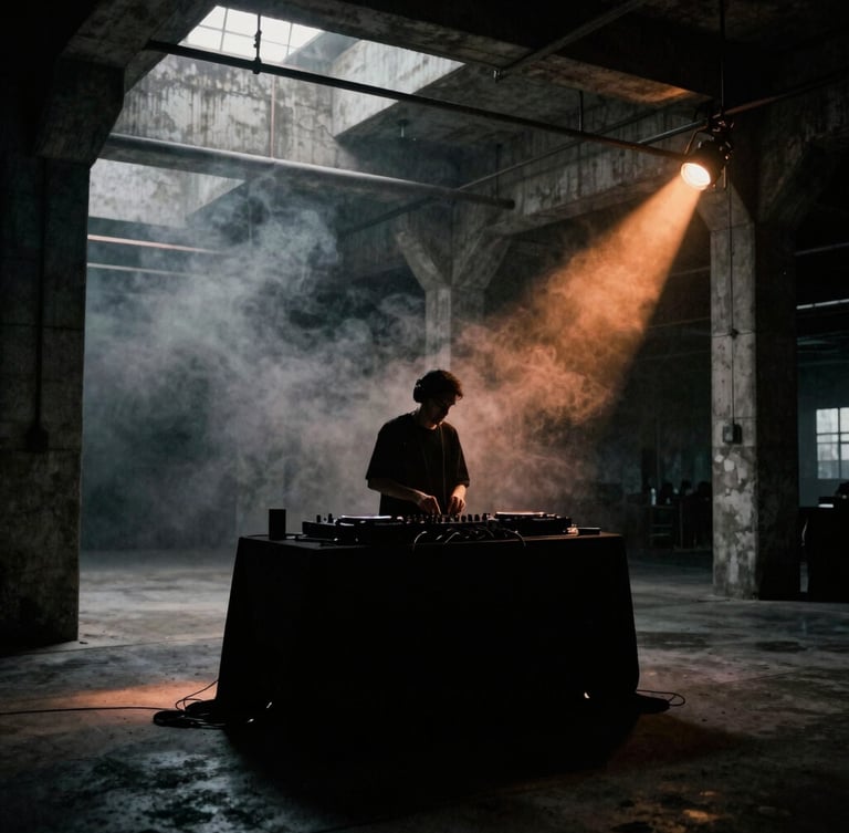 Low-key chiaroscuro silhouette of a DJ performing in a massive concrete industrial warehouse, single amber key light cutting through dense smoke, 35mm film grain.