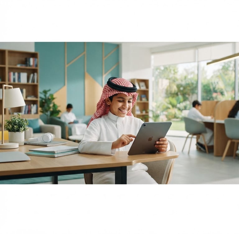 Wide panoramic of a bright, modern study space with a young Saudi student (8-10 years old) smiling while interacting with a tablet, soft teal and warm gold accents, natural daylight, low angle, 35mm.
