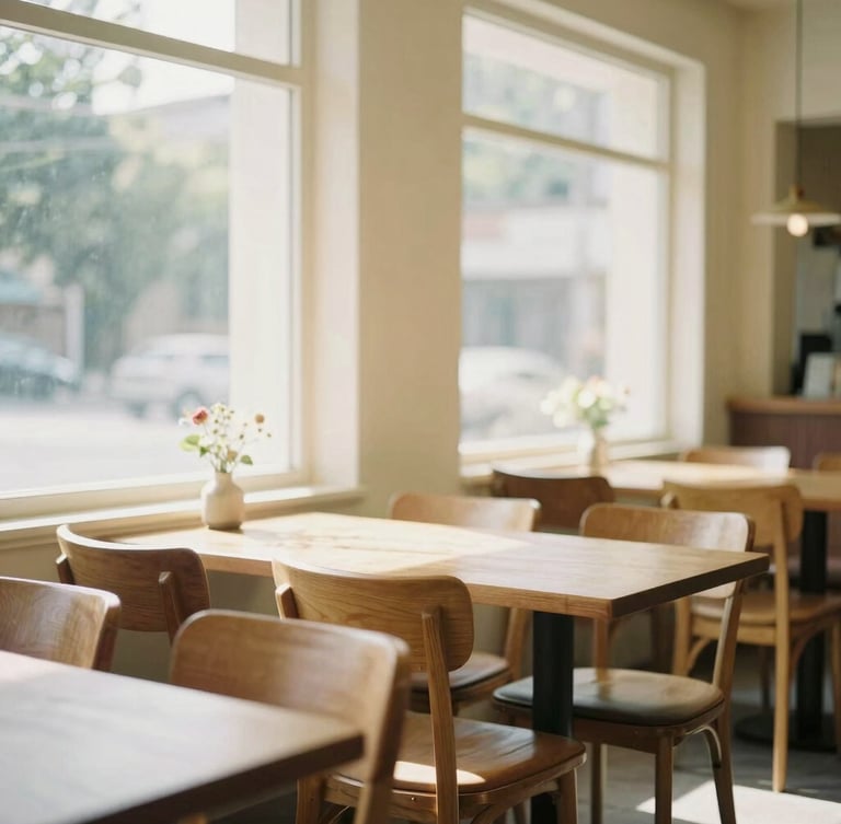 Warm interior of CAFETARIA CAHAYA, bright natural morning daylight streaming through large windows, empty wooden tables and chairs, soft cream and coffee brown tones, shallow depth of field, 35mm