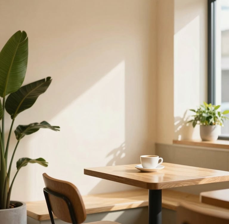 Portrait orientation of a cozy, sunlit corner in a cafe, cream walls, dark green plants, soft yellow light, an empty wooden table with a single coffee cup, shallow depth of field, 35mm