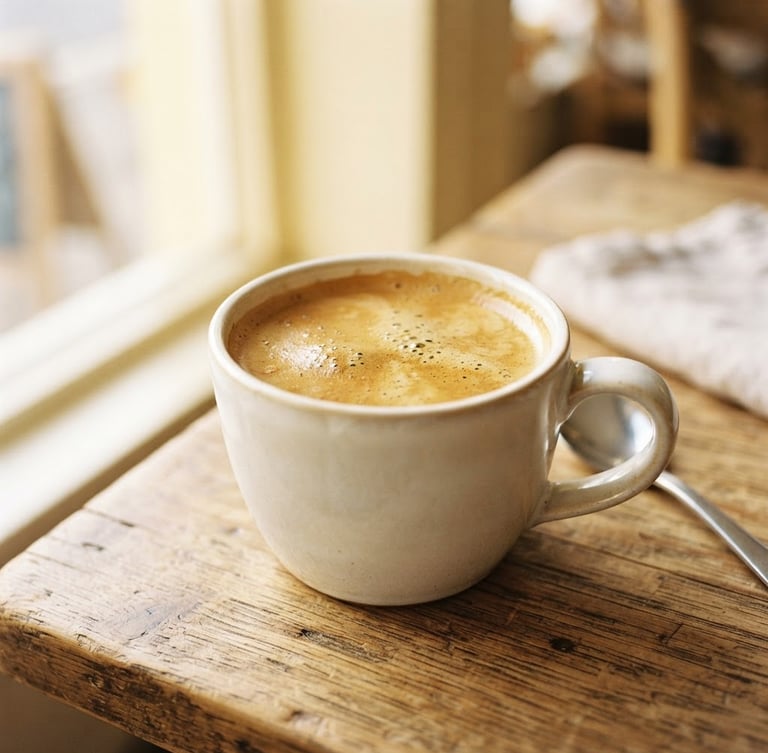 Sun-drenched portrait of a freshly poured coffee with rich crema on a wooden table, soft morning daylight, cream and soft yellow tones, shallow depth of field, 35mm.