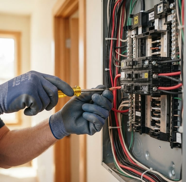 A close-up of a professional craftsman's hands in clean work gloves precisely wiring a modern electrical panel, bright natural daylight, clean residential interior background, shallow depth of field, high detail.