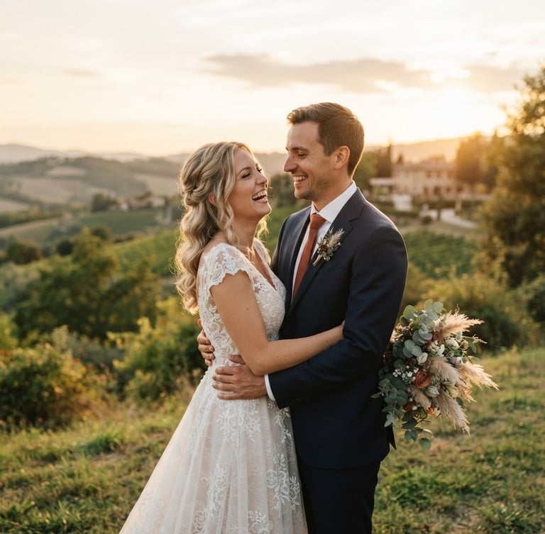 Cinematic medium-wide shot of a bride and groom sharing a quiet, candid laugh during golden hour, warm natural light, 35mm film grain, editorial framing.