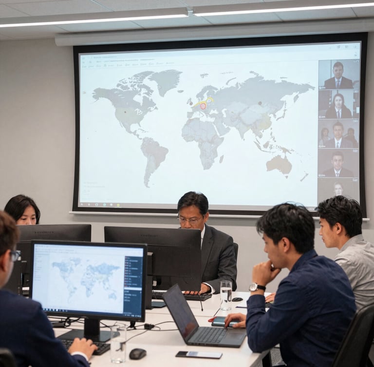 Wide-angle environmental shot of a modern logistics control room with operators monitoring global shipping routes on large screens, bright daylight streaming in, clean blue and red accents.