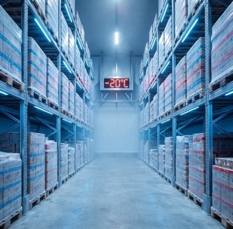 Wide-angle interior of a state-of-the-art cold storage facility, pristine steel shelves, cool blue led lighting, faint frosty mist, digital temperature display showing -20°C in the background, sharp focus.