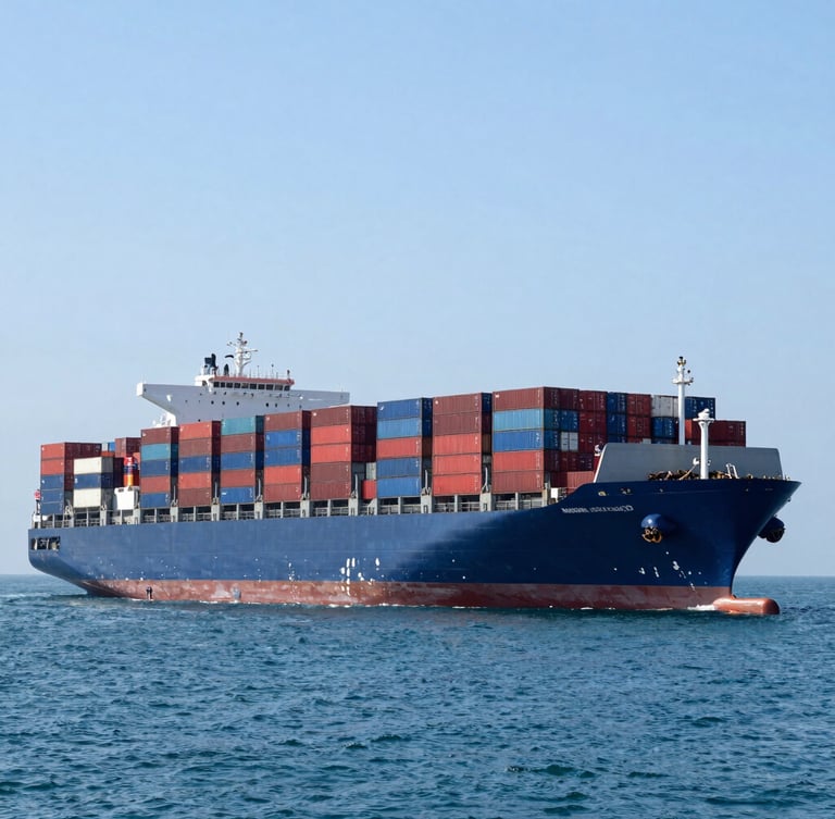 Wide-angle portrait shot of a massive container ship loaded with red and blue containers at sea, bright daylight, crisp focus