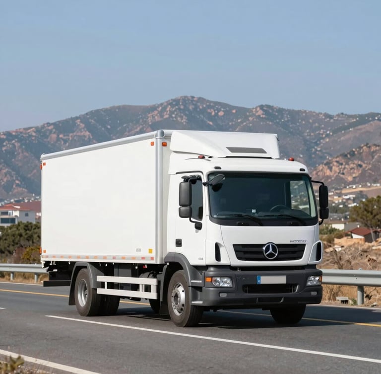 Modern white cargo truck driving on a clean Spanish highway under bright daylight, mountains in the background, sharp commercial photography