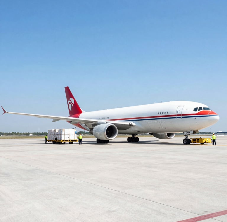 Wide-angle portrait shot of a cargo plane on the tarmac under clear skies, ground crew loading freight, bright daylight, sharp focus