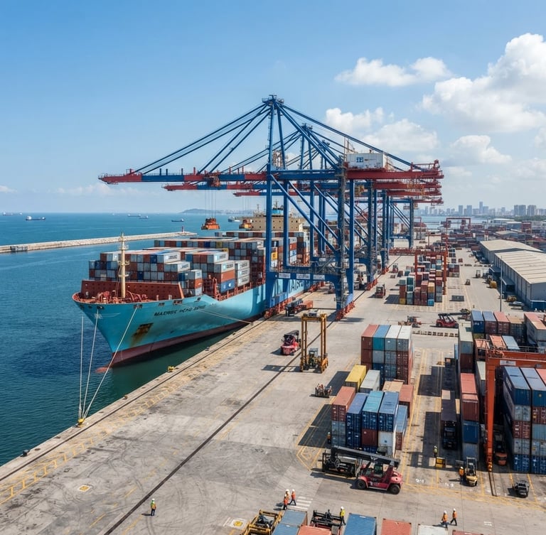 Wide-angle crisp daylight shot of a massive container ship docked at a modern port, towering blue and red cranes, sharp focus, professional commercial photography.