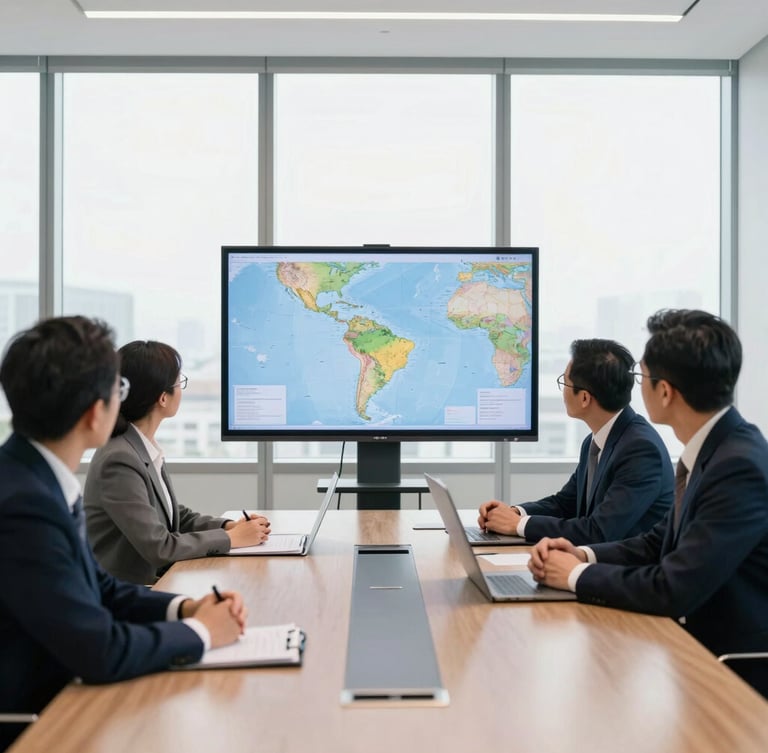 Professional corporate meeting in a bright boardroom with floor-to-ceiling windows, executives analyzing a map of the Americas on a screen, clean navy and gold accents, 35mm