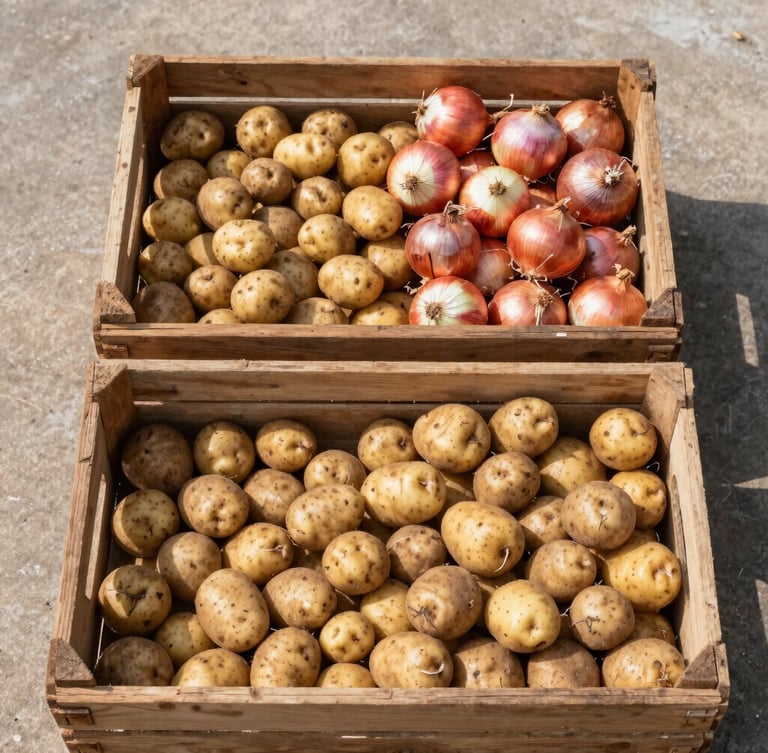 Top-down view of clean unwashed potatoes and onions sorted into heavy wooden crates on a concrete loading dock, bright morning daylight, natural earthy tones, sharp focus.