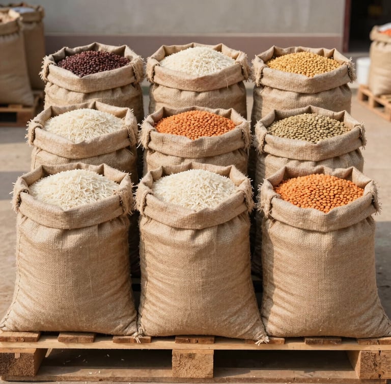 Straight-on medium shot of cleanly sorted bulk burlap sacks of basmati rice and lentils on a clean wooden pallet in bright morning daylight, natural earthy tones.