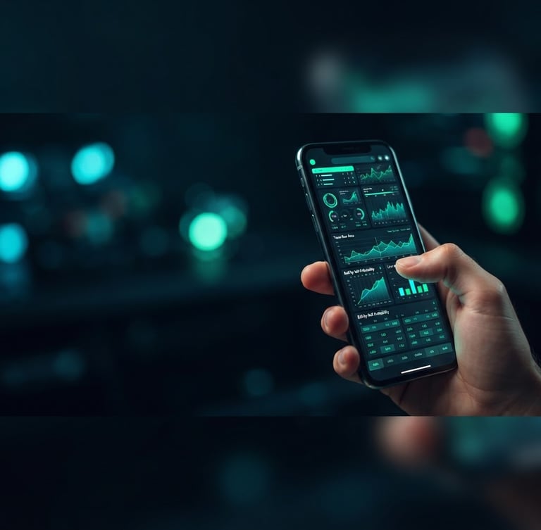 Close-up of mobile device displaying real-time cricket stats and live odds, neon green and electric cyan UI elements, high-contrast tech aesthetic, shallow depth of field, wide panoramic frame, device on right third.