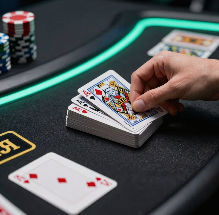 Close-up of a professional live dealer shuffling a deck of cards, crisp focus, neon green backlighting, clean studio environment, sleek dark-mode digital photography, high-contrast tech aesthetic.