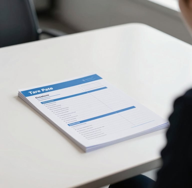 A professional consultation setting with a modern desk, a travel itinerary document, and a clean white background, shallow depth of field, bright natural daylight, crisp blue and white tones