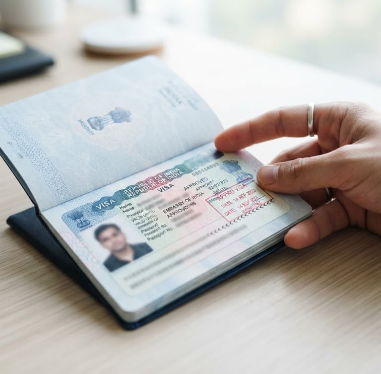 Close-up of a hand carefully reviewing an approved visa stamp inside an Indian passport, clean editorial photography, bright natural daylight, crisp blue and white tones, shallow depth of field