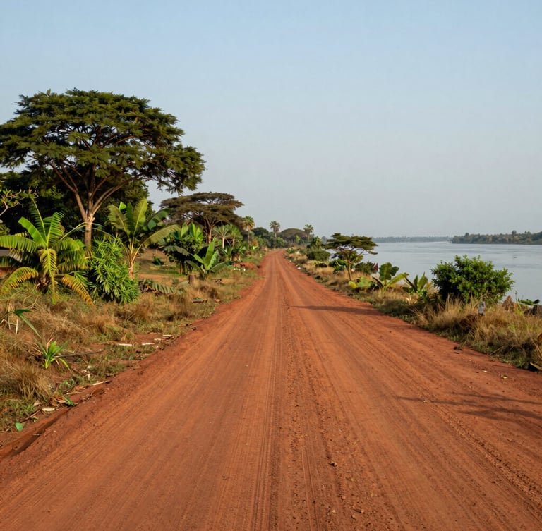 Vue aérienne de Bangui au bord du fleuve Oubangui, lumière naturelle du matin, routes en terre rouge de latérite contrastant avec la végétation verte.