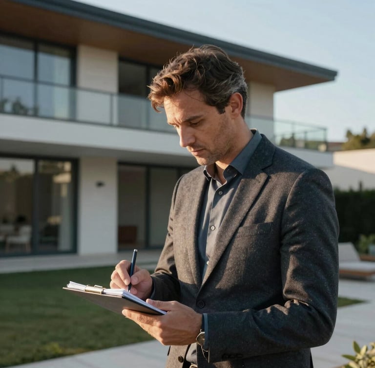 Vue rapprochée d'un agent immobilier prenant des notes devant une villa moderne à Sica, lumière naturelle du matin, angle de vue réaliste.