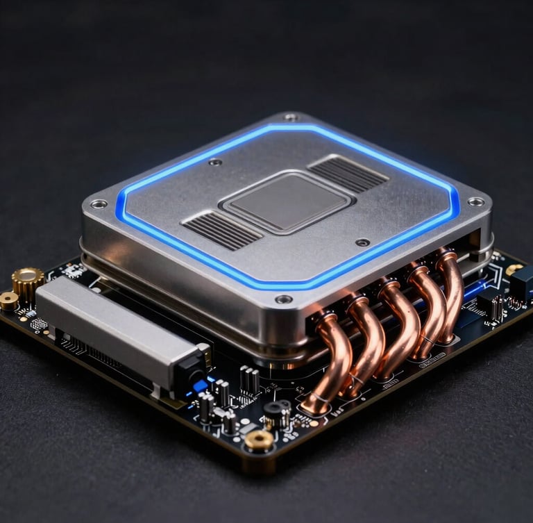 Sleek close-up of motherboard architecture and copper heatpipes, dark studio background, sharp electric blue rim lighting, high-contrast metallic textures, 85mm macro lens