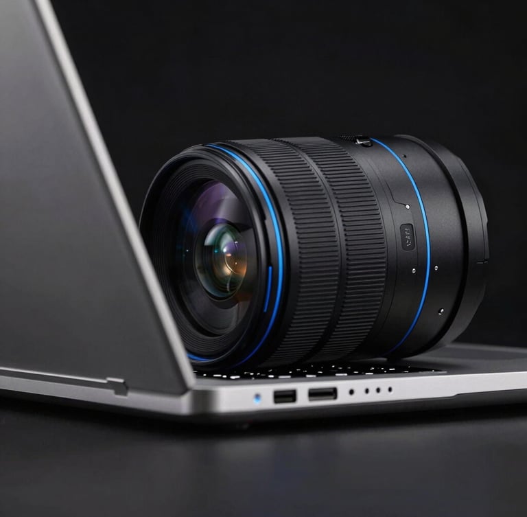 Sleek high-performance laptop profile, dark studio background, sharp electric blue rim lighting, macro focus on cooling vents, 85mm lens