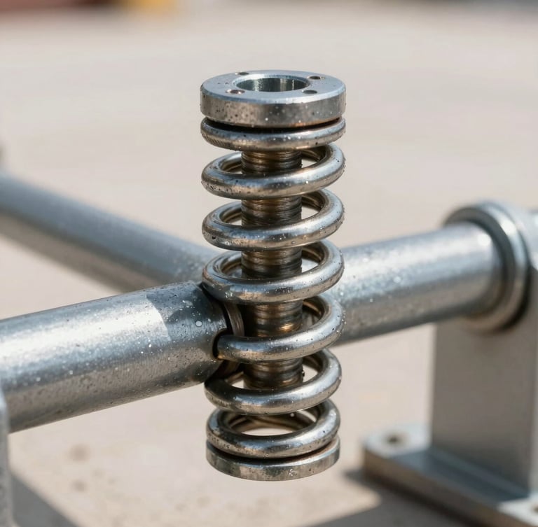 Macro close-up of a heavy-duty steel torsion spring on a garage door shaft, natural bright Utah daylight, clean metallic textures.
