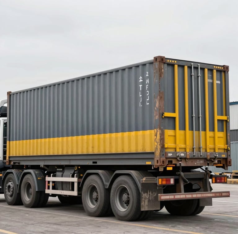 Industrial logistics in action, a clean heavy-duty transport vehicle loaded with neatly organized steel containers, crisp overcast daylight, desaturated slate tones with safety yellow accents, sharp focus, 35mm
