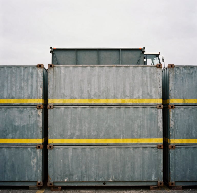 Industrial clean sorting facility with neatly stacked metal containers and a heavy transport vehicle in the background, overcast day, desaturated colors with yellow safety accents, 35mm photography