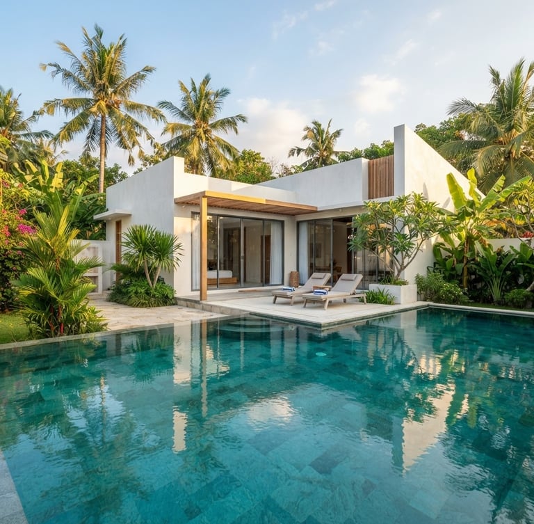 Bright architectural photography of Jasmine Pool Villa, crisp white minimalist walls, shimmering turquoise pool reflecting the sky, lush green palm trees, medium format.