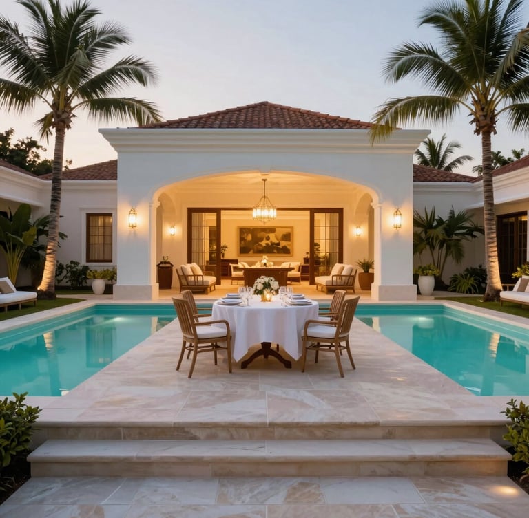 Straight-on architectural shot of the outdoor living area at dusk, warm lighting, elegant table setting, steps from the private turquoise swimming pool, palm trees whispering in the evening breeze