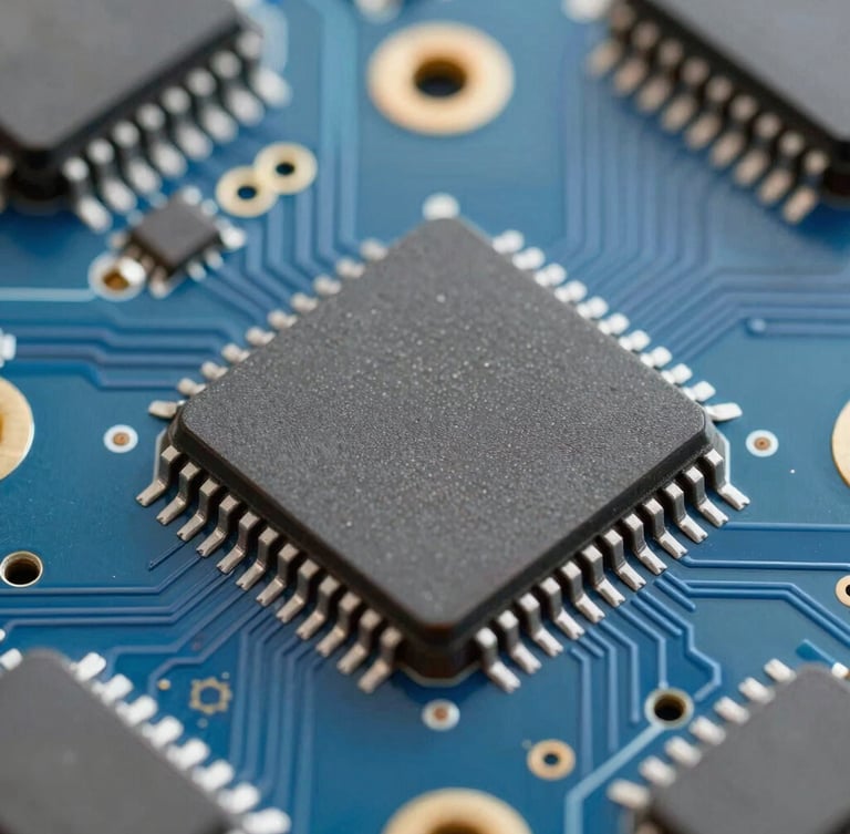 Macro photograph of a secure microchip on a blue circuit board, bright daylight, sharp focus on technical details