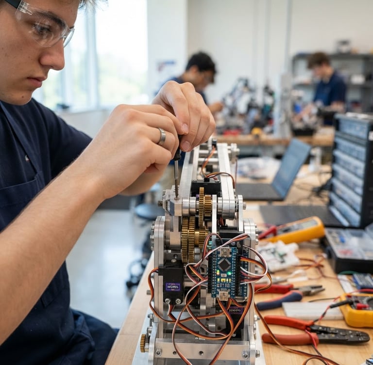Macro technical photography of a high school student assembling a metallic robotic arm chassis, bright neutral daylight, crisp focus on microcontrollers and gears