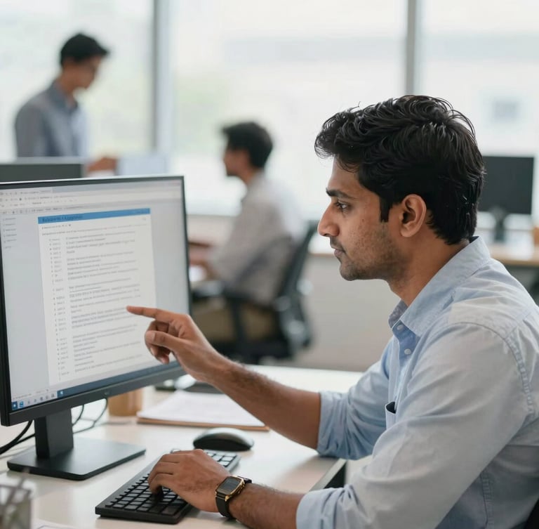 Medium close-up of a professional Indian CA in a modern, brightly lit office, reviewing digital tax documents on a large monitor, with a blurred background of a collaborative workspace, natural office daylight.
