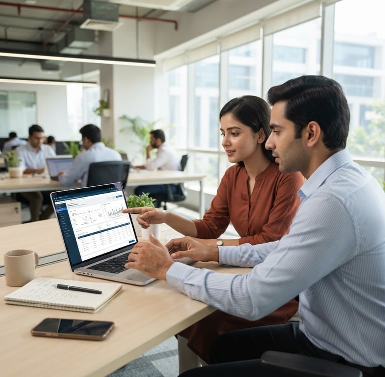 Bright, modern Indian workspace in Bengaluru, clean desk with a laptop displaying a digital tax portal, professional hands collaborating, natural office daylight, sharp focus.