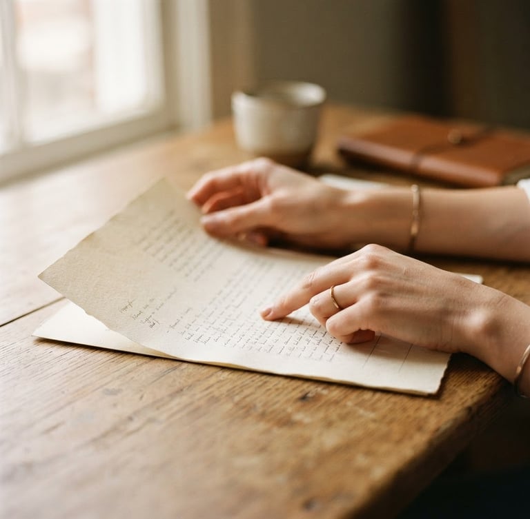 Close-up of elegant hands reviewing a document on a warm wooden desk, soft natural window light, shallow depth of field, minimalist composition, 35mm