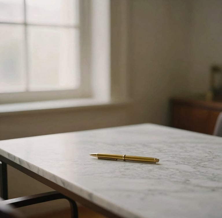 Elegant quiet office interior, a minimalist marble table with a single brass pen, soft diffused daylight, warm tones, shallow depth of field