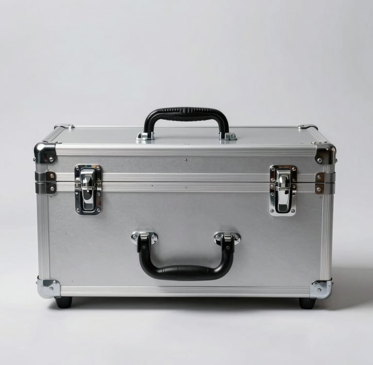 Straight-on eye-level studio shot of a secure, locked aluminum transport case on a sterile white surface, clinical lighting, soft shadows