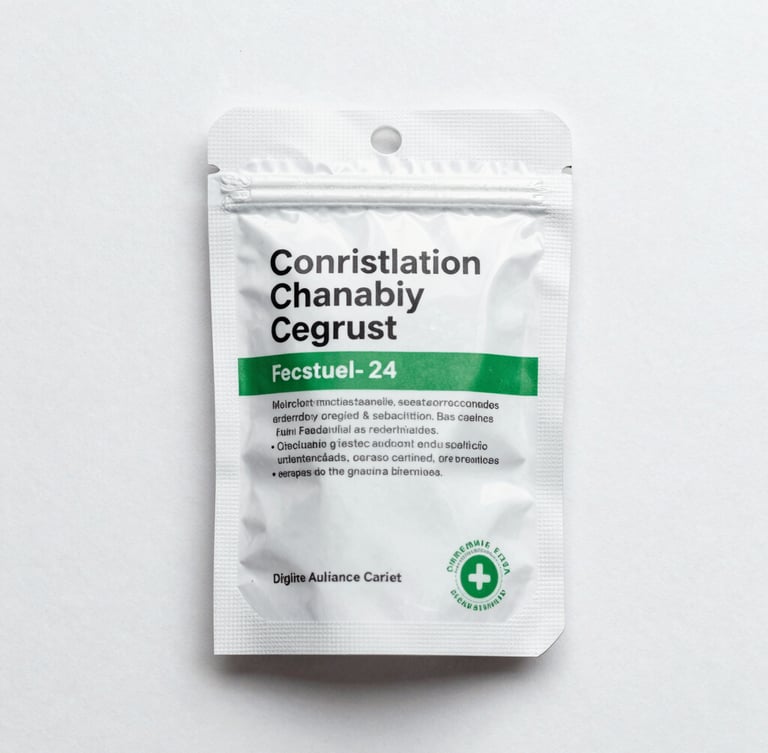 Flat-lay overhead shot of clinical medical cannabis packaging on a sterile white surface, bright even lighting, sharp focus, no shadows, presenting clear regulatory labeling.