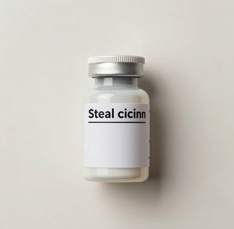 Straight-on flat-lay of a sealed, white medical cannabis container with a clean prescription label, set against a sterile warm-white background under bright, even clinical studio lighting.
