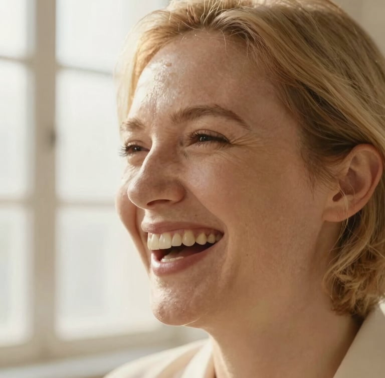 A close-up portrait of a professional laughing naturally, warm editorial photography, soft golden light, shallow depth of field