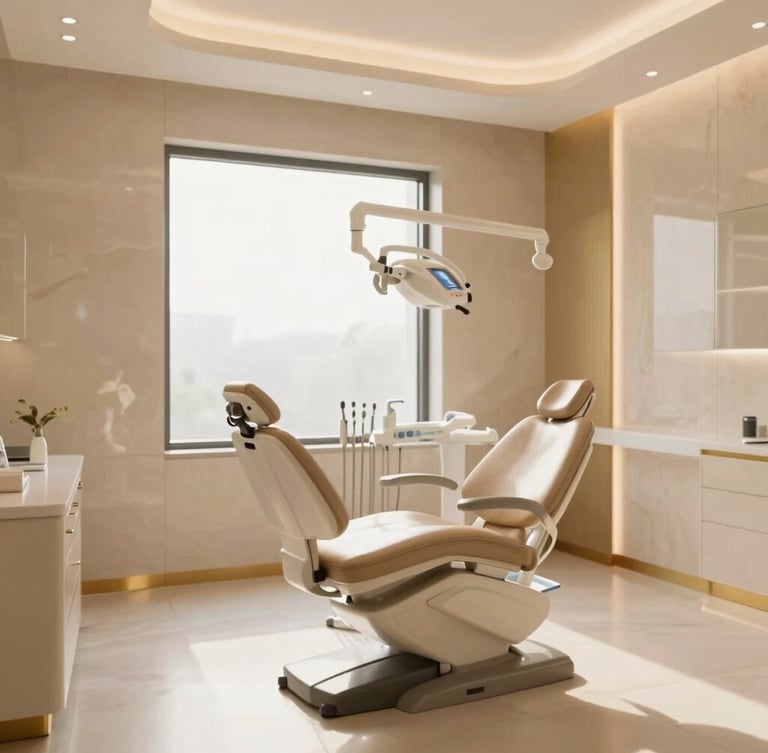 Elegant interior of a modern luxury dental clinic in Bengaluru, warm alabaster walls, soft champagne gold accents, sunlit treatment bay with a high-end ergonomic chair, large window with diffused light, 35mm photography