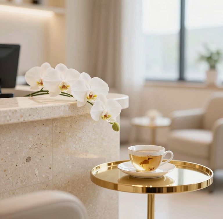 Close-up of a serene reception lounge at a luxury dental clinic, soft warm lighting, travertine stone details, fresh white orchids, a porcelain cup of herbal tea on a gold-rimmed side table, shallow depth of field
