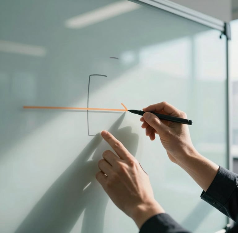 Cinematic close-up of hands mapping a workflow on a glass whiteboard, sharp corporate lighting casting geometric shadows, 35mm