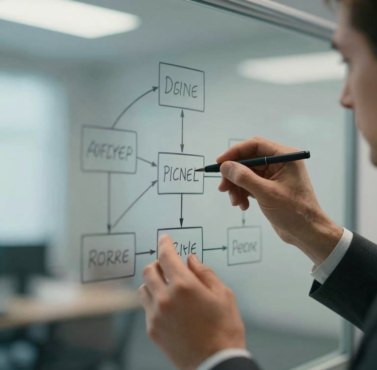 Tight cinematic macro shot of an executive's hands mapping out a complex organizational framework on a glass whiteboard, shallow depth of field, cool office light.