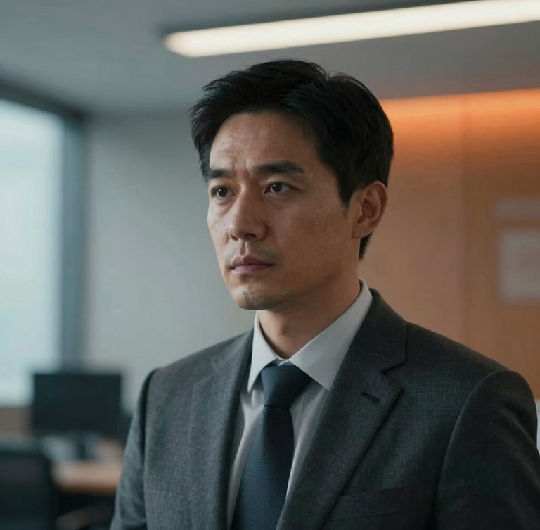 Candid close-up of a serious male executive in a charcoal suit looking thoughtfully off-camera, cool-toned ambient office light with a warm orange highlight, shallow depth of field.