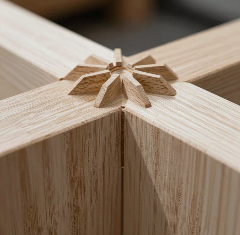 Extreme macro detail of a splined miter joint in white oak, highlighting the precise wood grain alignment and natural oil finish, side-lit.