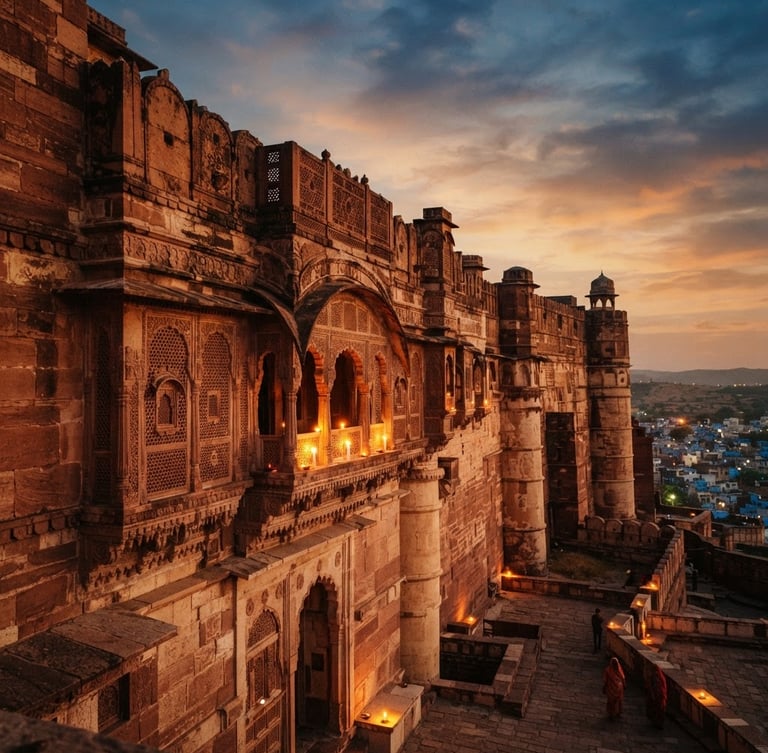 Dramatic wide shot of a historic Rajasthani desert fortress wall at golden hour, with intricate jali work and a few candles lit, expansive sky, warm editorial photography, 35mm